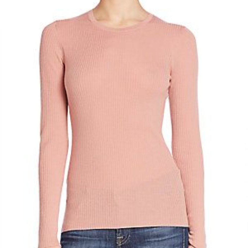 Theory Mirzi B Ribbed Knit Merino Wool Sweater Crew Neck Long Sleeve Pink S